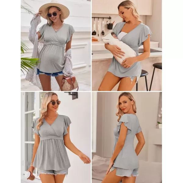 imageEkouaer Maternity Shirts 3 Packs Flying Short Sleeve Nursing Tops Pregnancy ClothesBlackdark Greylight Grey3pcs
