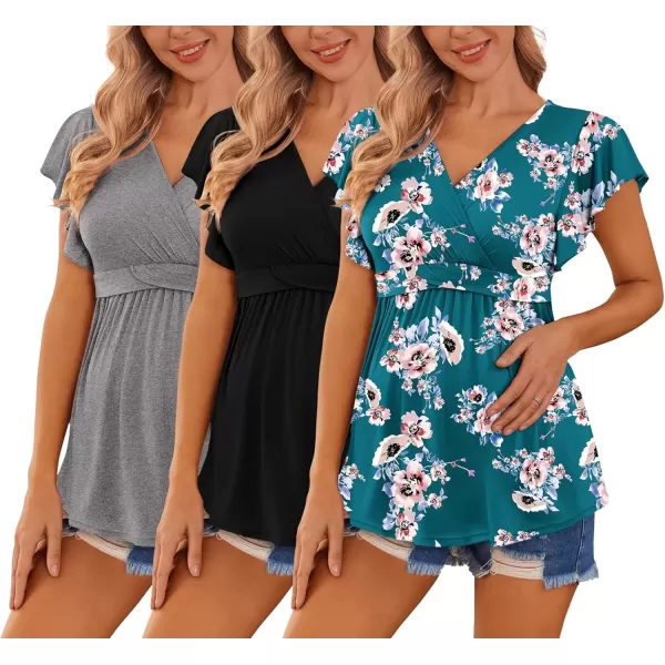 imageEkouaer Maternity Shirts 3 Packs Flying Short Sleeve Nursing Tops Pregnancy ClothesBlackfloral Tealgrey3pcs