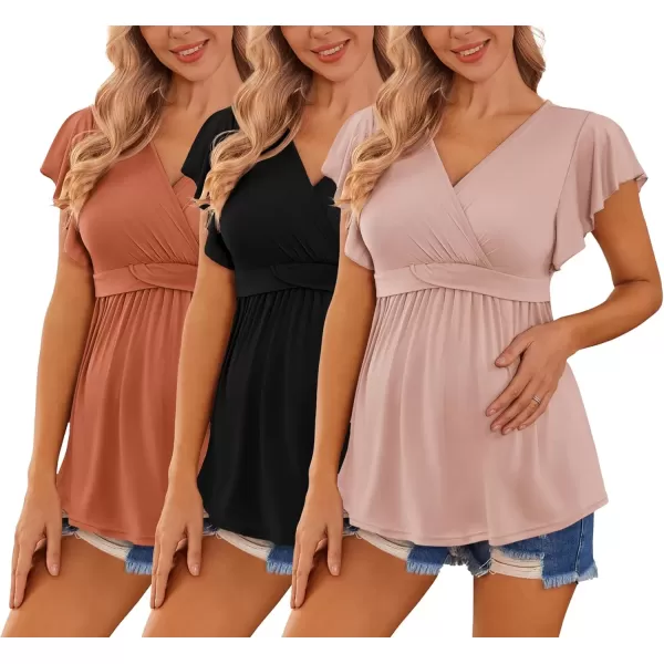 imageEkouaer Maternity Shirts 3 Packs Flying Short Sleeve Nursing Tops Pregnancy ClothesBlackpinkcaramel3pcs