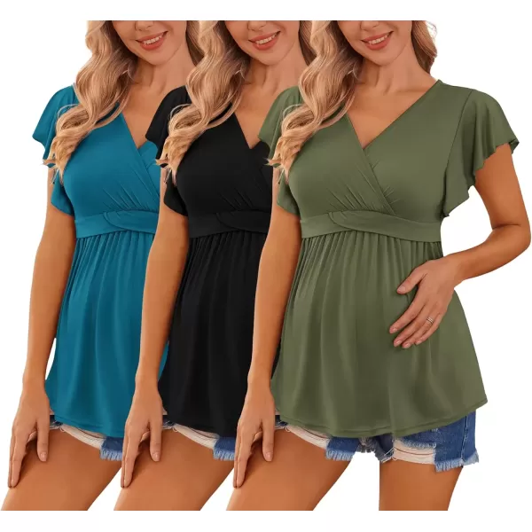 imageEkouaer Maternity Shirts 3 Packs Flying Short Sleeve Nursing Tops Pregnancy ClothesBlue Greenblackarmy Green3pcs