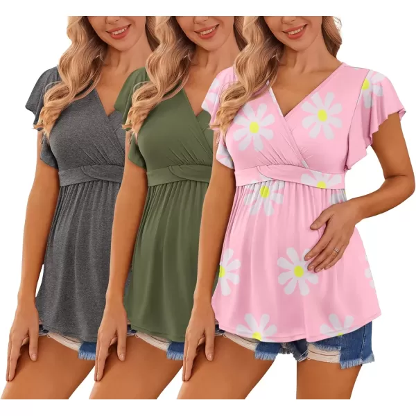 imageEkouaer Maternity Shirts 3 Packs Flying Short Sleeve Nursing Tops Pregnancy ClothesDark Greyarmy Greenfloral Pink3pcs