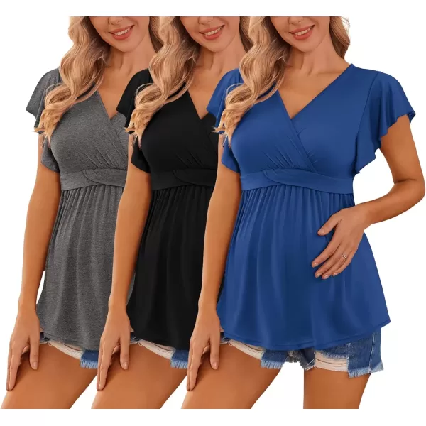 imageEkouaer Maternity Shirts 3 Packs Flying Short Sleeve Nursing Tops Pregnancy ClothesDark Greyblackroyal Blue3pcs