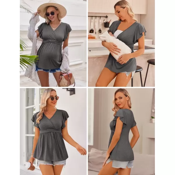 imageEkouaer Maternity Shirts 3 Packs Flying Short Sleeve Nursing Tops Pregnancy ClothesDark Greylight Greyfloral Black3pcs