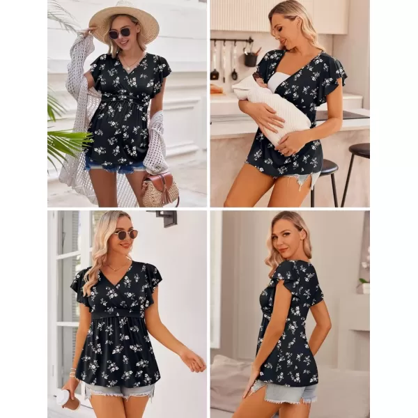 imageEkouaer Maternity Shirts 3 Packs Flying Short Sleeve Nursing Tops Pregnancy ClothesDark Greylight Greyfloral Black3pcs