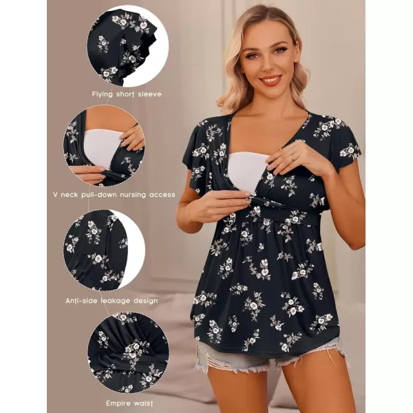 imageEkouaer Maternity Shirts 3 Packs Flying Short Sleeve Nursing Tops Pregnancy ClothesDark Greylight Greyfloral Black3pcs