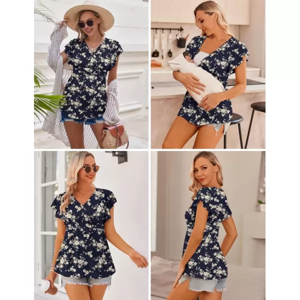 imageEkouaer Maternity Shirts 3 Packs Flying Short Sleeve Nursing Tops Pregnancy ClothesGreyblackfloral Blue3pcs