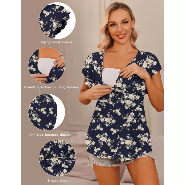 imageEkouaer Maternity Shirts 3 Packs Flying Short Sleeve Nursing Tops Pregnancy ClothesGreyblackfloral Blue3pcs