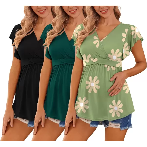 imageEkouaer Maternity Shirts 3 Packs Flying Short Sleeve Nursing Tops Pregnancy ClothesLake Greenblackfloral Green3pcs