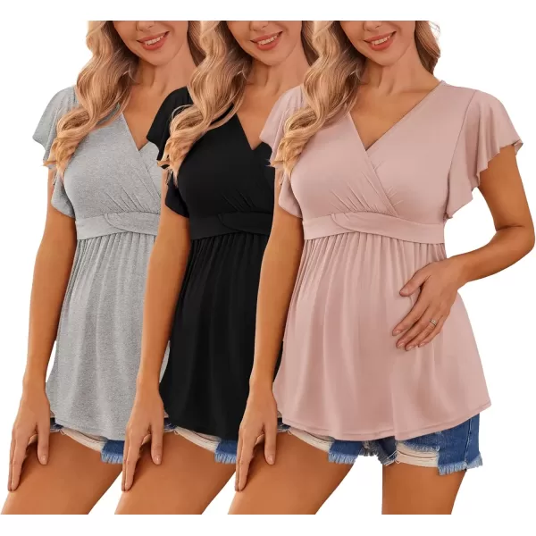 imageEkouaer Maternity Shirts 3 Packs Flying Short Sleeve Nursing Tops Pregnancy ClothesLight Grey  Black  Pink3pcs