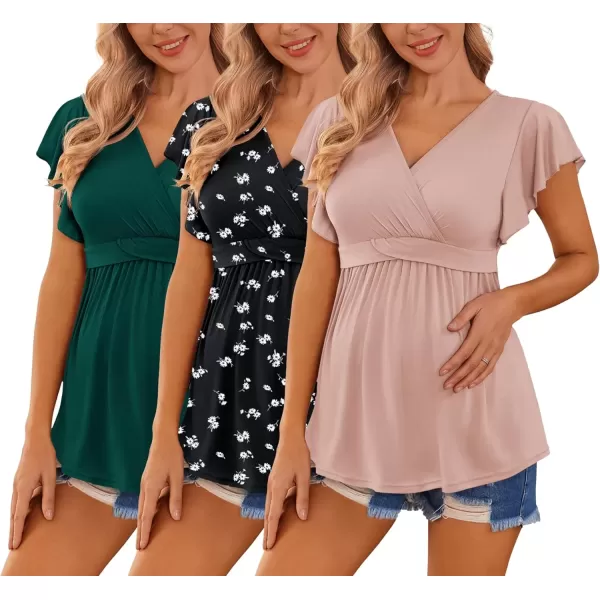 imageEkouaer Maternity Shirts 3 Packs Flying Short Sleeve Nursing Tops Pregnancy ClothesPinkfloral Blacklake Green3pcs