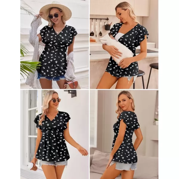 imageEkouaer Maternity Shirts 3 Packs Flying Short Sleeve Nursing Tops Pregnancy ClothesPinkfloral Blacklake Green3pcs