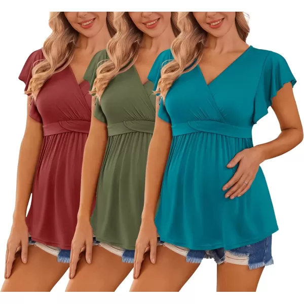 imageEkouaer Maternity Shirts 3 Packs Flying Short Sleeve Nursing Tops Pregnancy ClothesWine Redarmy Greenteal3pcs