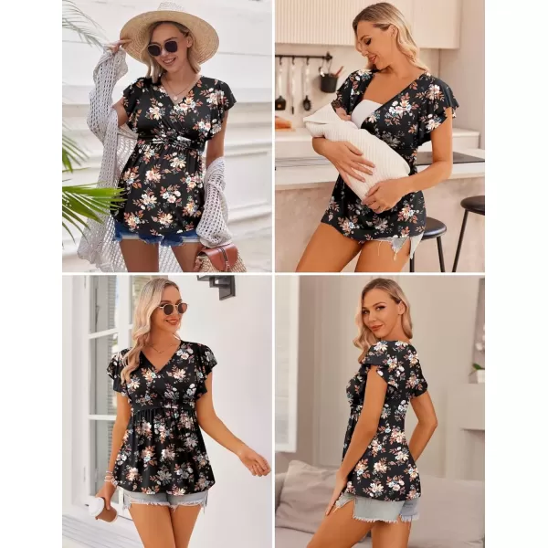 imageEkouaer Maternity Shirts 3 Packs Flying Short Sleeve Nursing Tops Pregnancy ClothesWine Redfloral Blackdark Blue3pcs