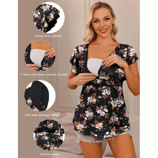 imageEkouaer Maternity Shirts 3 Packs Flying Short Sleeve Nursing Tops Pregnancy ClothesWine Redfloral Blackdark Blue3pcs