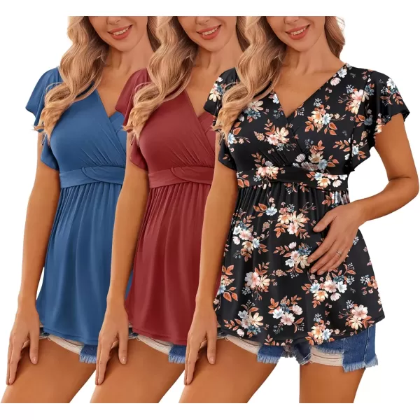 imageEkouaer Maternity Shirts 3 Packs Flying Short Sleeve Nursing Tops Pregnancy ClothesWine Redfloral Blackdark Blue3pcs