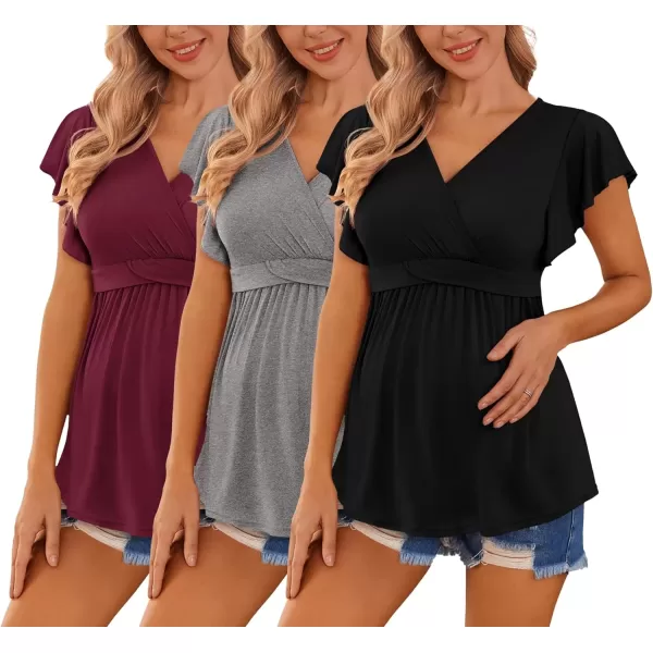 imageEkouaer Maternity Shirts 3 Packs Flying Short Sleeve Nursing Tops Pregnancy ClothesWine Redgreyblack3pcs