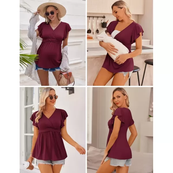 imageEkouaer Maternity Shirts 3 Packs Flying Short Sleeve Nursing Tops Pregnancy ClothesWine Redgreyblack3pcs