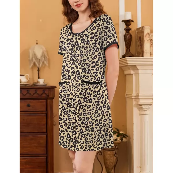 imageEkouaer Nightgowns for Women 2 Pack Button Down Sleep Shirts Short Sleeve Nightshirt Sleepwear House Dress with PocketsBlackBrown Leopard