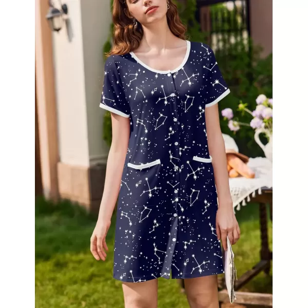 imageEkouaer Nightgowns for Women 2 Pack Button Down Sleep Shirts Short Sleeve Nightshirt Sleepwear House Dress with PocketsBlackNavy Star