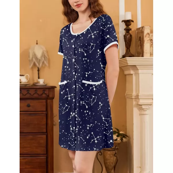 imageEkouaer Nightgowns for Women 2 Pack Button Down Sleep Shirts Short Sleeve Nightshirt Sleepwear House Dress with PocketsBlackNavy Star