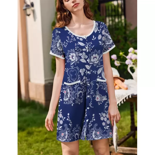 imageEkouaer Nightgowns for Women 2 Pack Button Down Sleep Shirts Short Sleeve Nightshirt Sleepwear House Dress with PocketsBlackNavy Vine