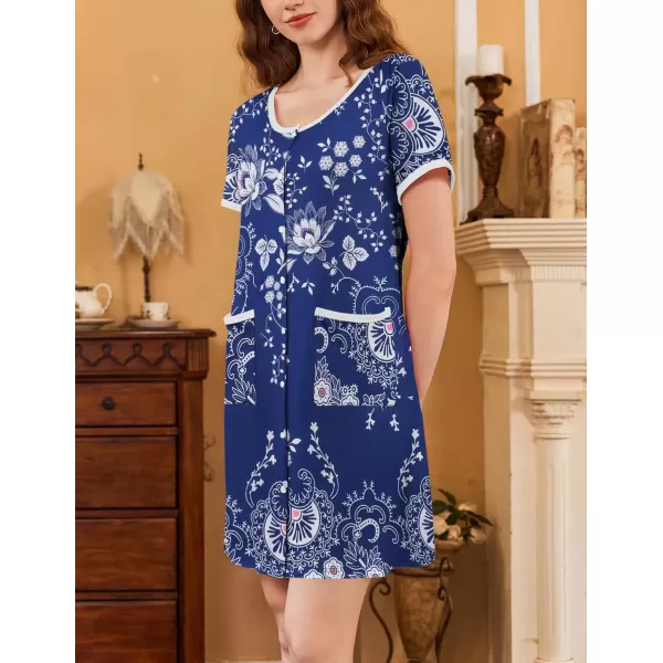 imageEkouaer Nightgowns for Women 2 Pack Button Down Sleep Shirts Short Sleeve Nightshirt Sleepwear House Dress with PocketsBlackNavy Vine