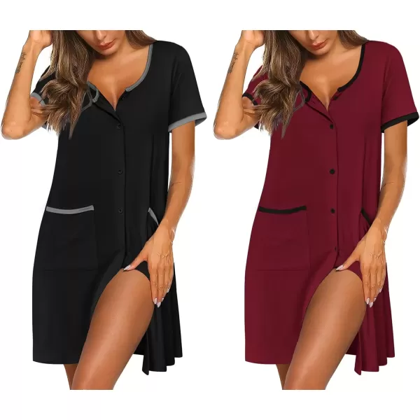 imageEkouaer Nightgowns for Women 2 Pack Button Down Sleep Shirts Short Sleeve Nightshirt Sleepwear House Dress with PocketsBlackWine Red