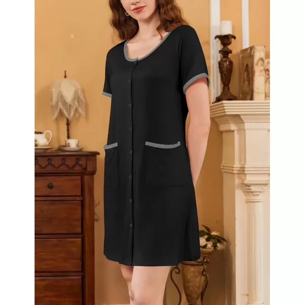 imageEkouaer Nightgowns for Women 2 Pack Button Down Sleep Shirts Short Sleeve Nightshirt Sleepwear House Dress with PocketsBlackWine Red