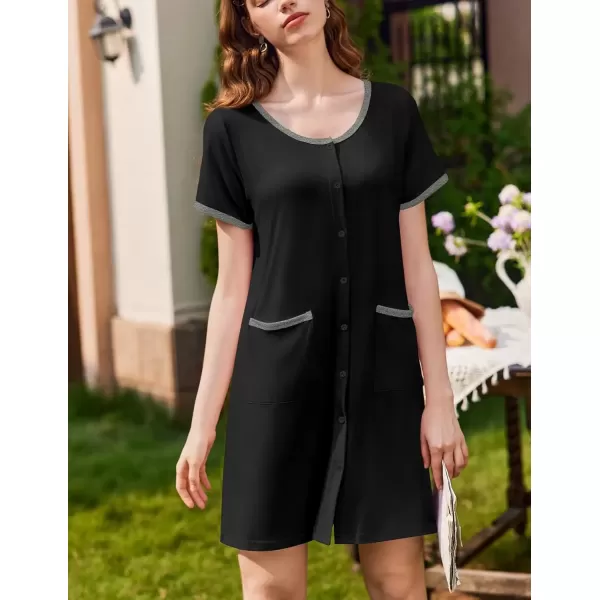 imageEkouaer Nightgowns for Women 2 Pack Button Down Sleep Shirts Short Sleeve Nightshirt Sleepwear House Dress with PocketsBlackWine Red