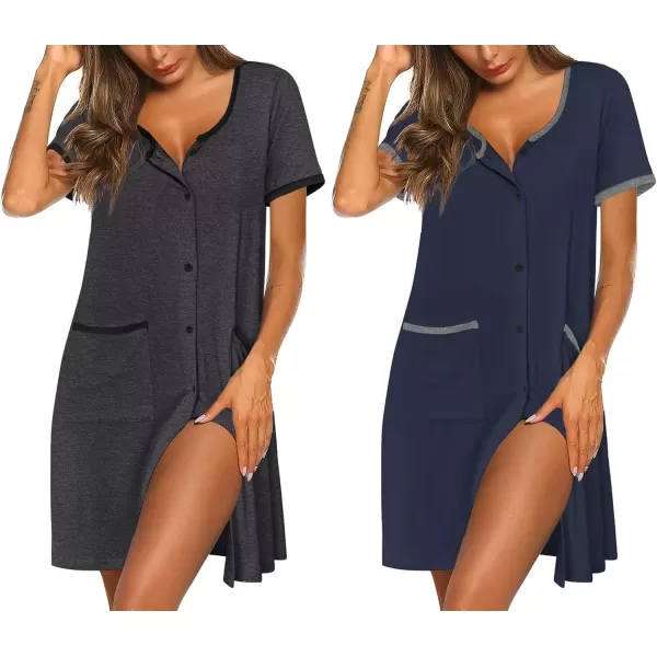 imageEkouaer Nightgowns for Women 2 Pack Button Down Sleep Shirts Short Sleeve Nightshirt Sleepwear House Dress with PocketsDark GreyNavy Blue