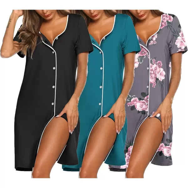 imageEkouaer Nightgowns for Women 3 Pack Sleep Shirts Button Down Pajama Dress Short Sleeve Nightshirt Sleepwear NightdressBlackBlue GreenGrey Pink Floral