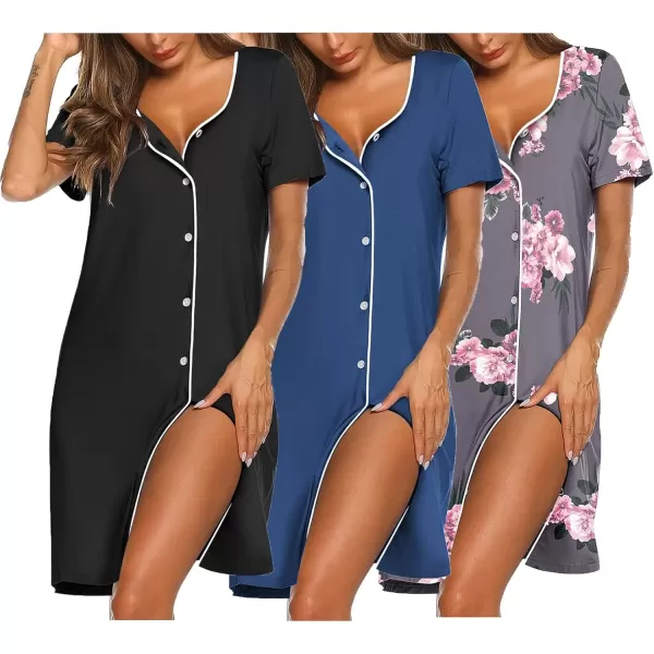 imageEkouaer Nightgowns for Women 3 Pack Sleep Shirts Button Down Pajama Dress Short Sleeve Nightshirt Sleepwear NightdressBlackBlueGrey Pink Floral