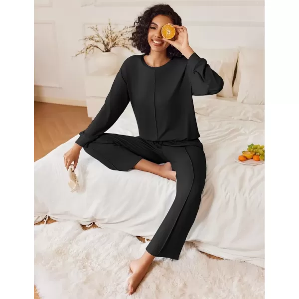 imageEkouaer Pajama Sets for Women 2 Piece Lounge Sets Long Sleeve Sleepwear Top and Pants Cozy Pjs Loungewear with Pockets SXXLBlack