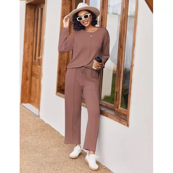 imageEkouaer Pajama Sets for Women 2 Piece Lounge Sets Long Sleeve Sleepwear Top and Pants Cozy Pjs Loungewear with Pockets SXXLBrown