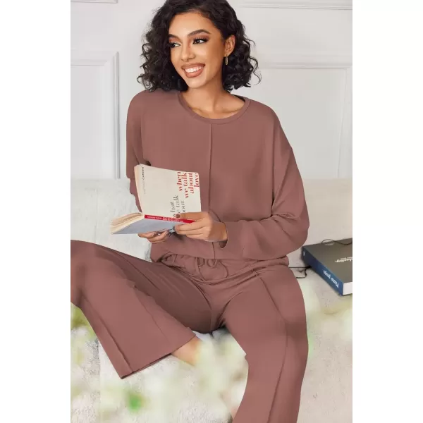 imageEkouaer Pajama Sets for Women 2 Piece Lounge Sets Long Sleeve Sleepwear Top and Pants Cozy Pjs Loungewear with Pockets SXXLBrown