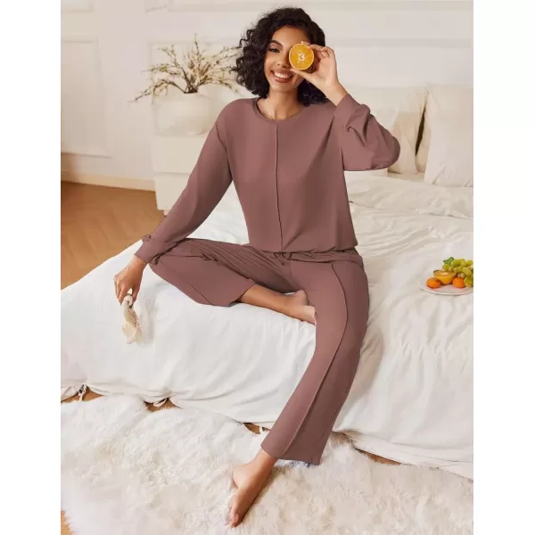 imageEkouaer Pajama Sets for Women 2 Piece Lounge Sets Long Sleeve Sleepwear Top and Pants Cozy Pjs Loungewear with Pockets SXXLBrown