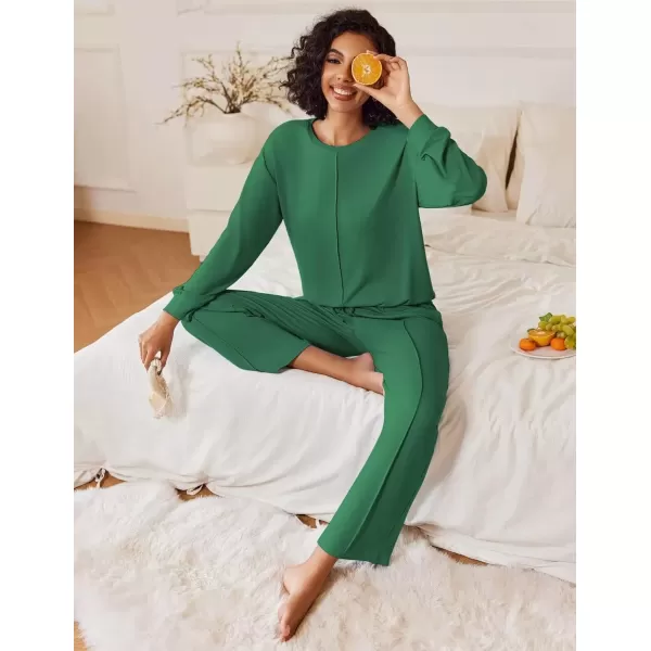 imageEkouaer Pajama Sets for Women 2 Piece Lounge Sets Long Sleeve Sleepwear Top and Pants Cozy Pjs Loungewear with Pockets SXXLDark Green