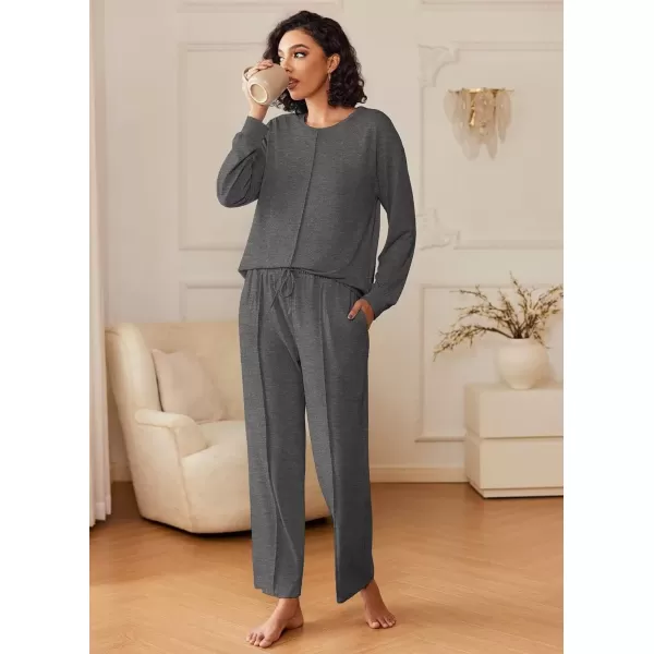 imageEkouaer Pajama Sets for Women 2 Piece Lounge Sets Long Sleeve Sleepwear Top and Pants Cozy Pjs Loungewear with Pockets SXXLDark Grey