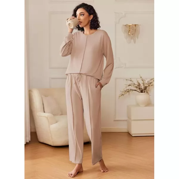 imageEkouaer Pajama Sets for Women 2 Piece Lounge Sets Long Sleeve Sleepwear Top and Pants Cozy Pjs Loungewear with Pockets SXXLKhaki