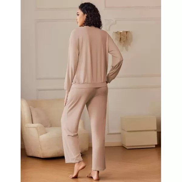 imageEkouaer Pajama Sets for Women 2 Piece Lounge Sets Long Sleeve Sleepwear Top and Pants Cozy Pjs Loungewear with Pockets SXXLKhaki