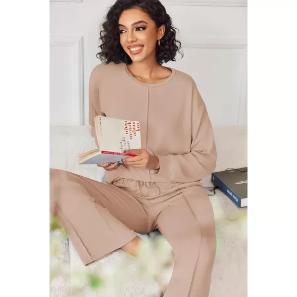 imageEkouaer Pajama Sets for Women 2 Piece Lounge Sets Long Sleeve Sleepwear Top and Pants Cozy Pjs Loungewear with Pockets SXXLKhaki
