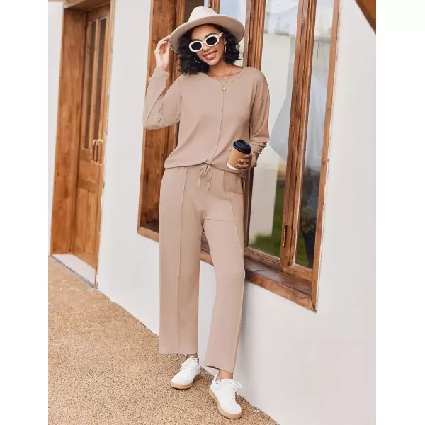 imageEkouaer Pajama Sets for Women 2 Piece Lounge Sets Long Sleeve Sleepwear Top and Pants Cozy Pjs Loungewear with Pockets SXXLKhaki