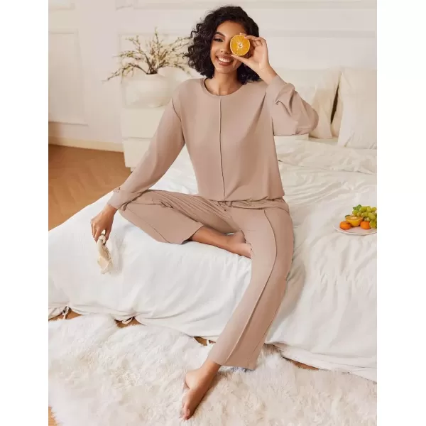 imageEkouaer Pajama Sets for Women 2 Piece Lounge Sets Long Sleeve Sleepwear Top and Pants Cozy Pjs Loungewear with Pockets SXXLKhaki