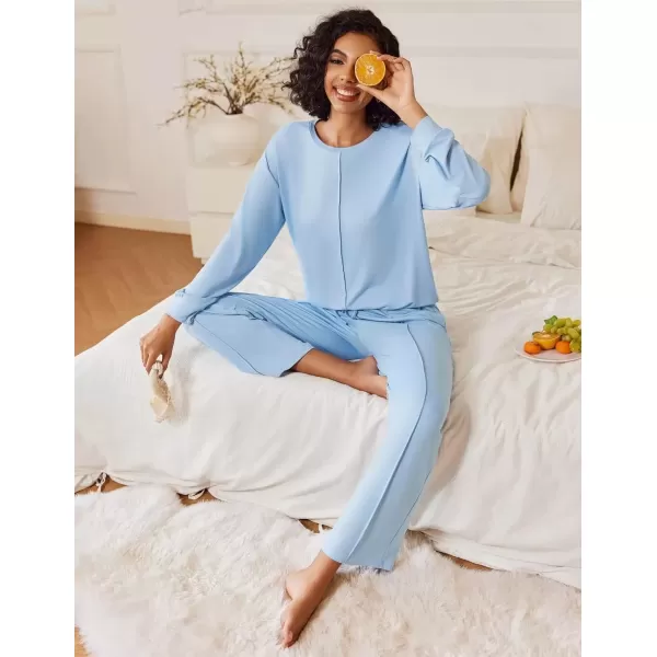 imageEkouaer Pajama Sets for Women 2 Piece Lounge Sets Long Sleeve Sleepwear Top and Pants Cozy Pjs Loungewear with Pockets SXXLLight Blue