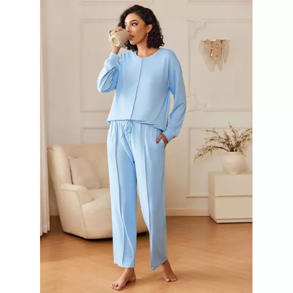 imageEkouaer Pajama Sets for Women 2 Piece Lounge Sets Long Sleeve Sleepwear Top and Pants Cozy Pjs Loungewear with Pockets SXXLLight Blue