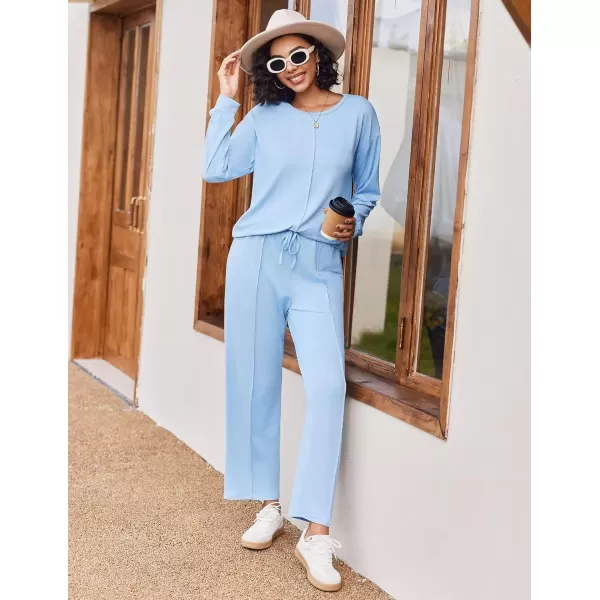 imageEkouaer Pajama Sets for Women 2 Piece Lounge Sets Long Sleeve Sleepwear Top and Pants Cozy Pjs Loungewear with Pockets SXXLLight Blue