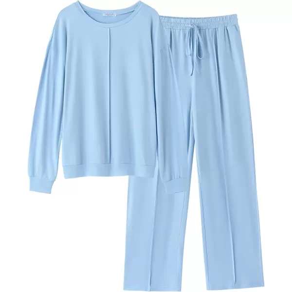 imageEkouaer Pajama Sets for Women 2 Piece Lounge Sets Long Sleeve Sleepwear Top and Pants Cozy Pjs Loungewear with Pockets SXXLLight Blue