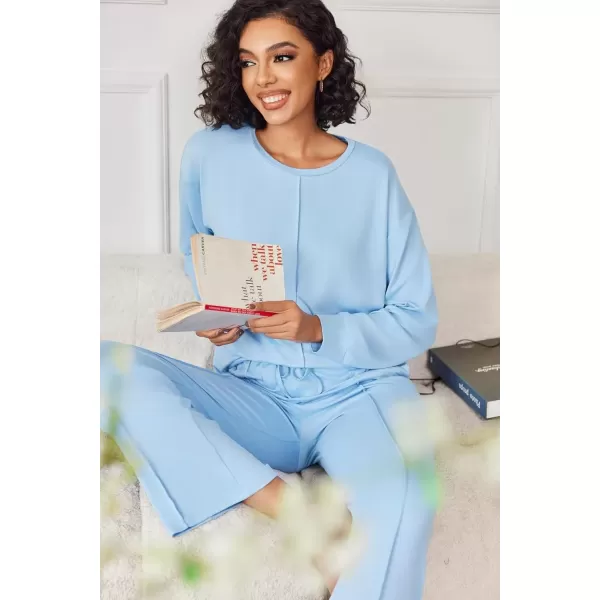 imageEkouaer Pajama Sets for Women 2 Piece Lounge Sets Long Sleeve Sleepwear Top and Pants Cozy Pjs Loungewear with Pockets SXXLLight Blue