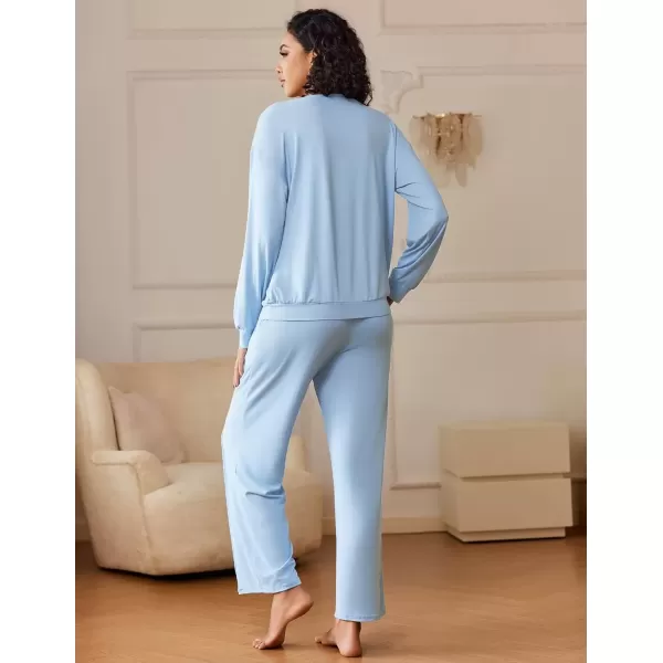 imageEkouaer Pajama Sets for Women 2 Piece Lounge Sets Long Sleeve Sleepwear Top and Pants Cozy Pjs Loungewear with Pockets SXXLLight Blue