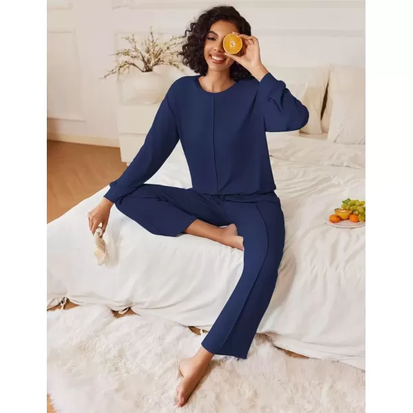 imageEkouaer Pajama Sets for Women 2 Piece Lounge Sets Long Sleeve Sleepwear Top and Pants Cozy Pjs Loungewear with Pockets SXXLNavy